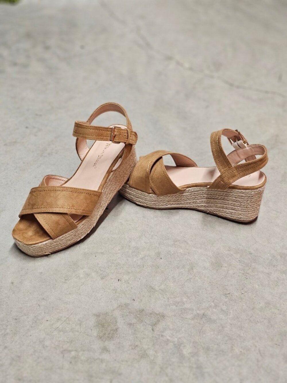 Camel Suede Espadrille Wedge Sandals With Ankle Strap & Buckle Closure For Women